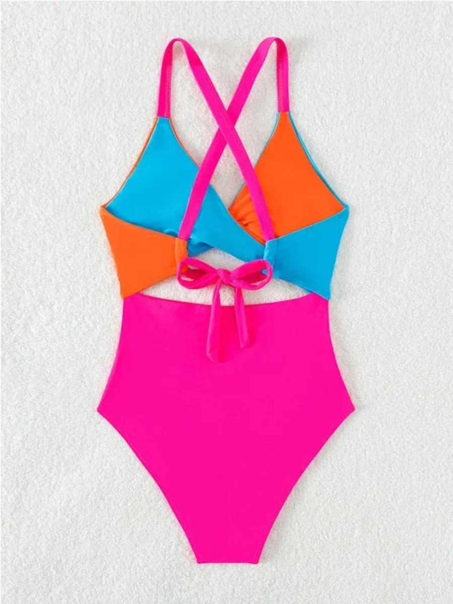 2025 ชุดว่ายน้ําสตรีใหม่,ContrastสีเอวสูงOne-pieceบิกินี่,VคอHollow Out Suspenderชุดว่ายน้ําBackless,Monokini