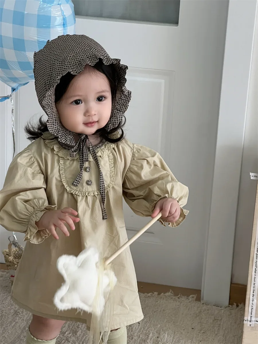 

2025 Spring New Baby Long Sleeve Casual Dress Cotton Girls Solid Puff Sleeve Dress Infant Toddler Casual Dress Kids Clothes