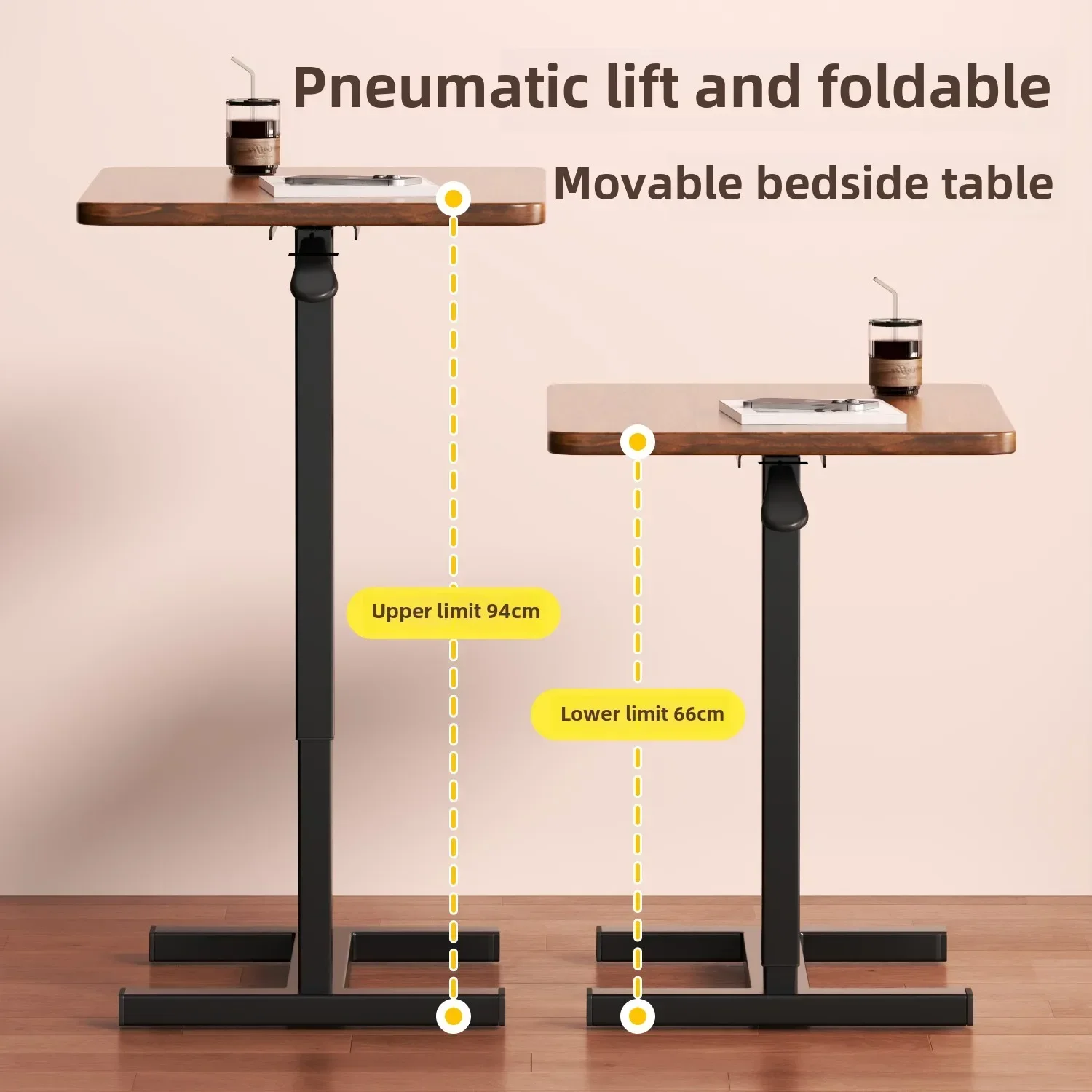 Multipurpose Adjustable Bedside Table with Pneumatic Lift, Foldable Desk for Renting Rooms and Mobile Use