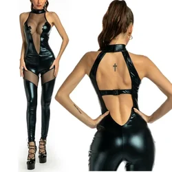 Sexy Women Mesh Patchwork Faux Leather Catsuit PVC Latex Lingerie Bodysuits Clubwear Zipper Women Jumpsuits Rompers Playsuit