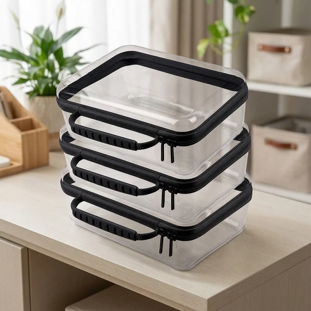 3pcs Clear Hard Shell Cosmetic Bags In 3 Colors Portable & Organized Large Capacity Plastic Storage Case For Travel