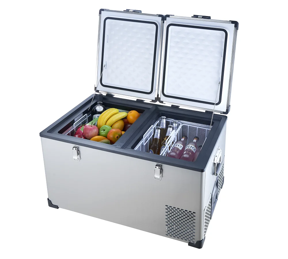 CoolRide 75L New Product Dual Zone Stainless Steel Portable Car Refrigerator 12/24V DC120-240V AC Quick Cooling Refrigerator