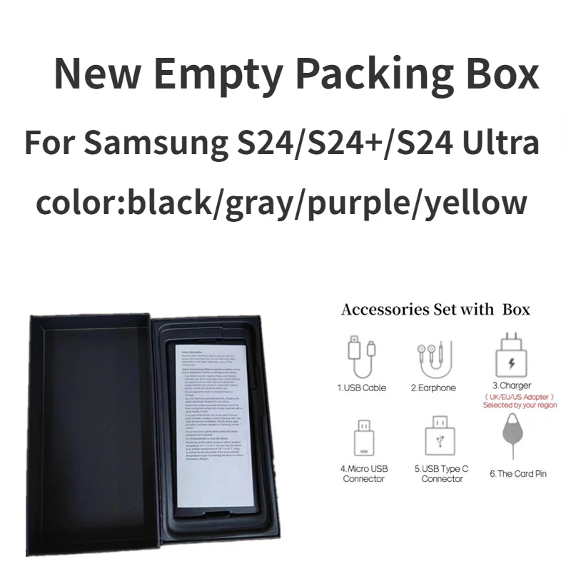 S24 Empty Box For Samsung Galaxy S24+ S24 Ultra Phone or OEM Accessories US/EU/UK Adapter Type-C Cable Headset(NO Phone in it)