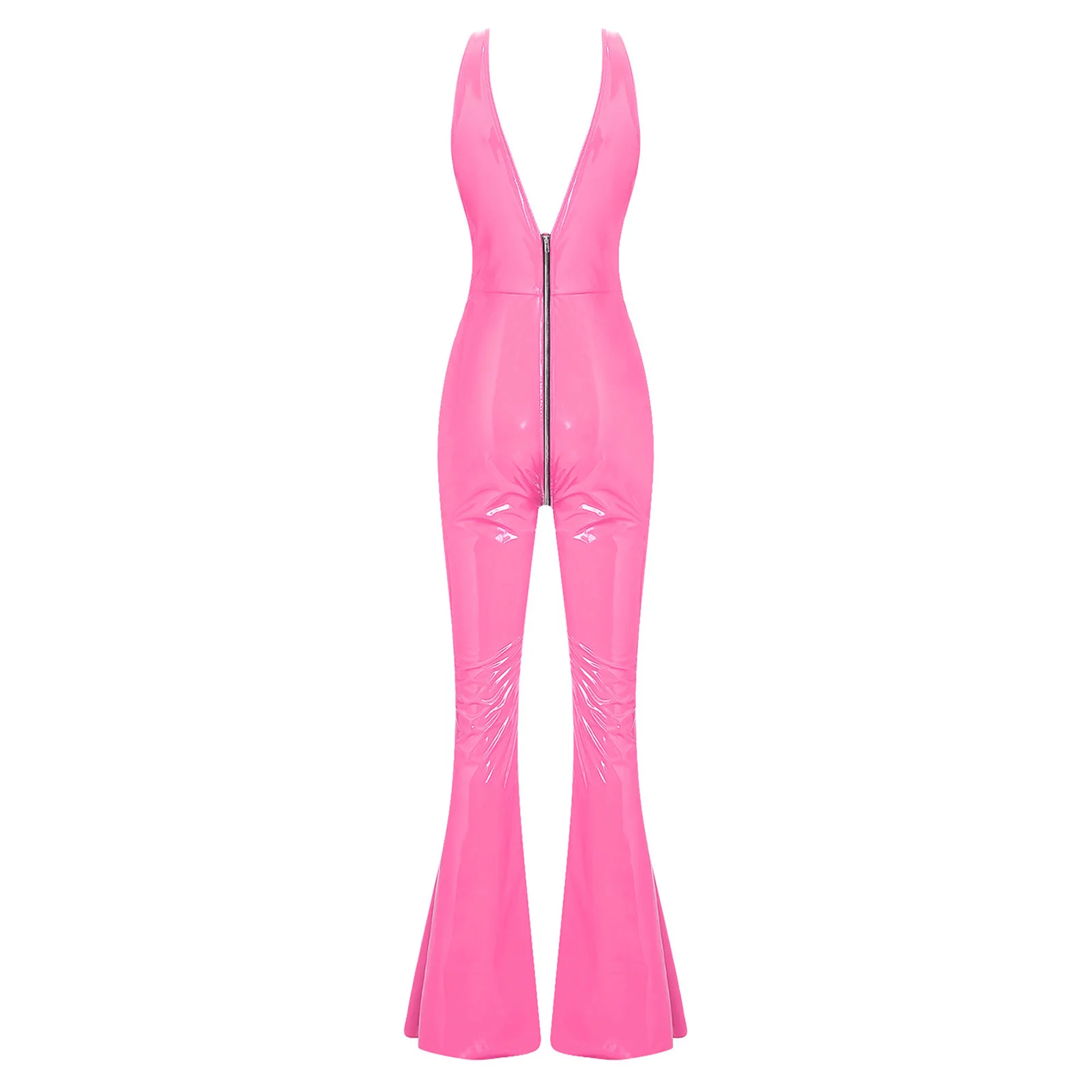 Womens Lingerie Latex Zipper Split Bell Bottoms Bodysuit V Neck Zipper Split Flare Hem Bodycon Flared Jumpsuit Rave Clubwear view 5