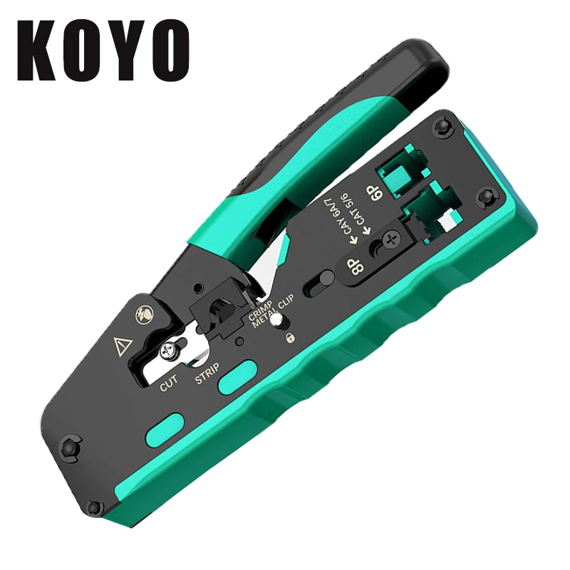 

KOYO RJ45 Crimping Tool Pass Through, Professional Grade Ethernet Cable Crimper for Cat7 Cat6A Cat6 Cat5E Cat5 Modular Plugs