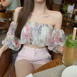 Off Shoulder Tops for Women Sexy Blouse Casual Flowy Tops Slash Neck Chiffon Sweet And Spicy Crop Top Elegant Casual Summer