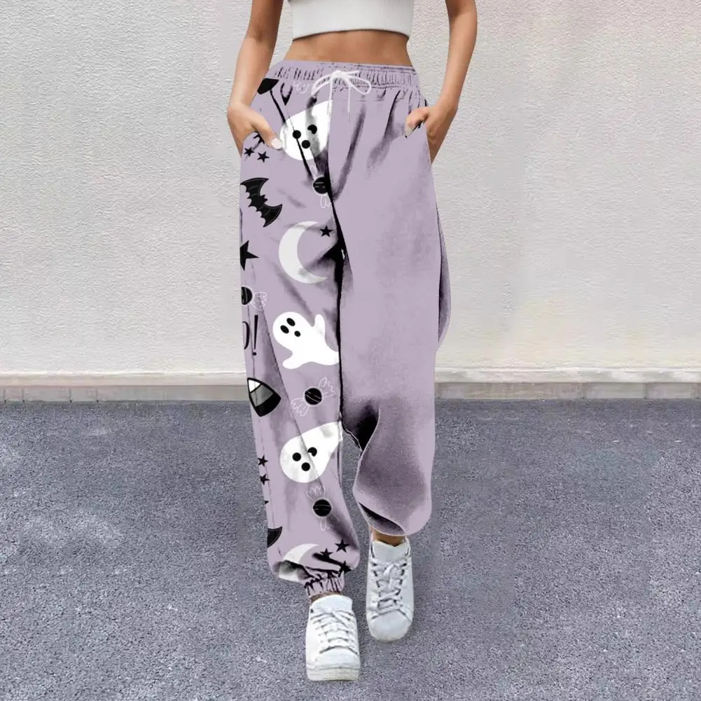 High-waisted Loose Fit Sweatpants Halloween Pumpkin Print Women's Sweatpants with High Waist Adjustable Drawstring for Fitness