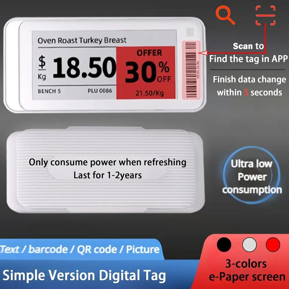 Digital Blank Labels, 2.1 BLE Compatible for Business and Retail, Storage and Information Display, B/W/R e-Ink Screen (Pack of 1
