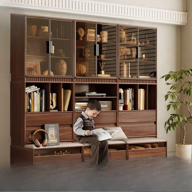 Solid wood combination bookcase, black walnut glass display case, display living room storage with card seat