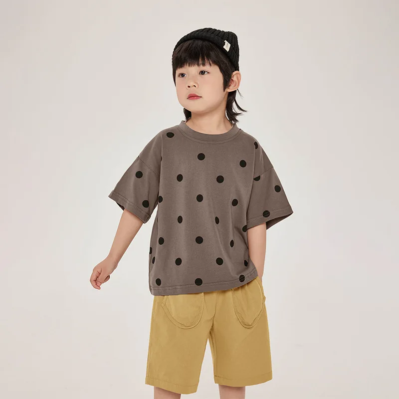 Camiseta de manga corta para niños, Top de media manga con lunares Retro, versión coreana, Verano