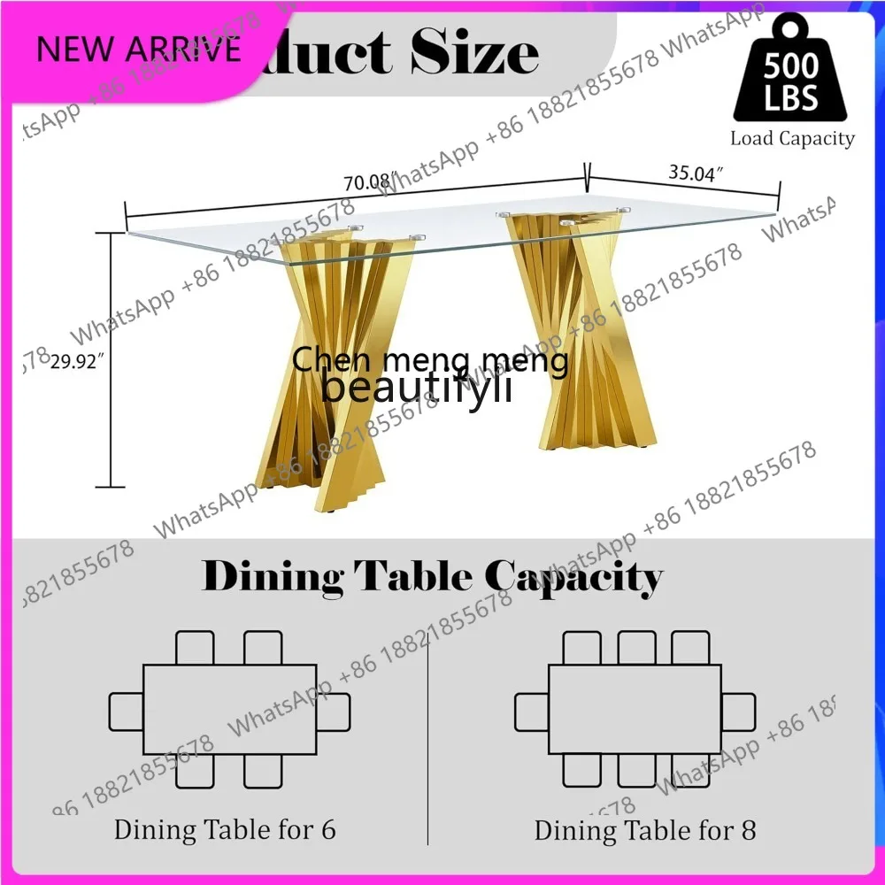 

C4567 70" Modern Glass Gold Dining Table for 6-8, Luxury Dining Table with Tempered Glass Top & Mirror Finish Stainless Steel Ba