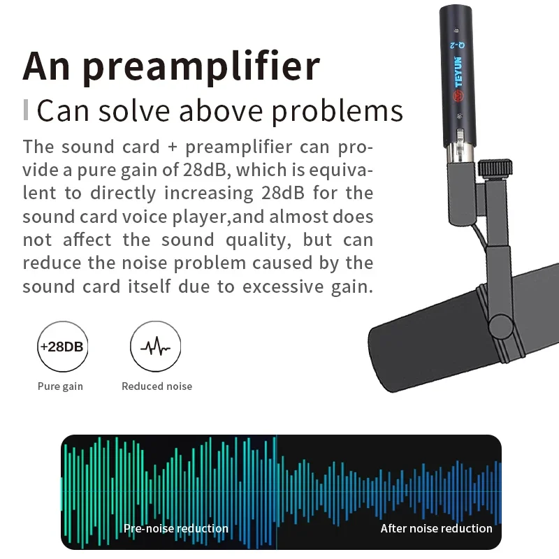 TEYUN XLR Microphone Preamplifier Metal Structure 48V 28db Gain Portable Dynamic Mic amplifier Mini for performance Q-2