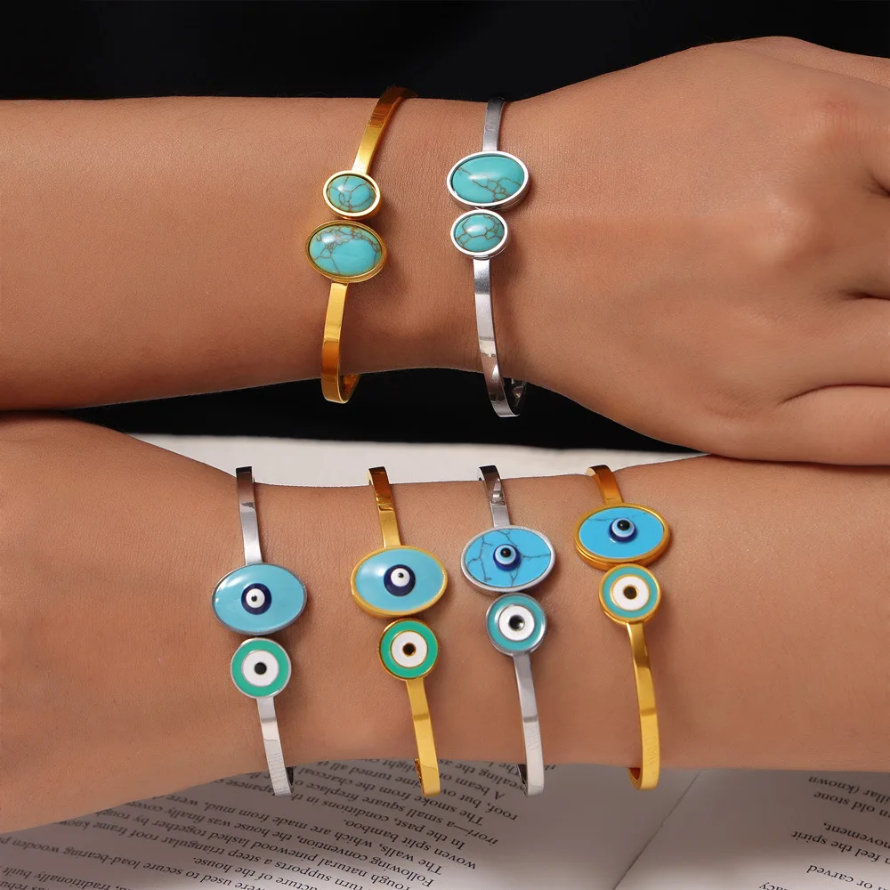 Blue eye-of-evil Trendy Stainless Steel Bracelet For Women with Nature Stones Ethnic Bangle Open Close Luxury Jewelry