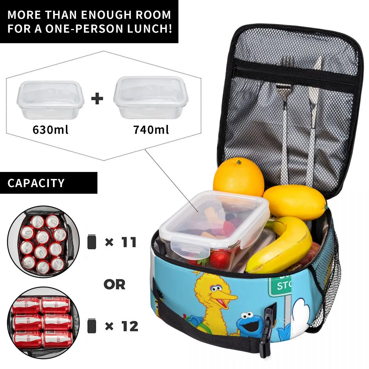 Cookie Monsters Lunch Bag Portable Insulated Lunch Box Women School Print Cooler Bag Casual Oxford Tote Food Bags