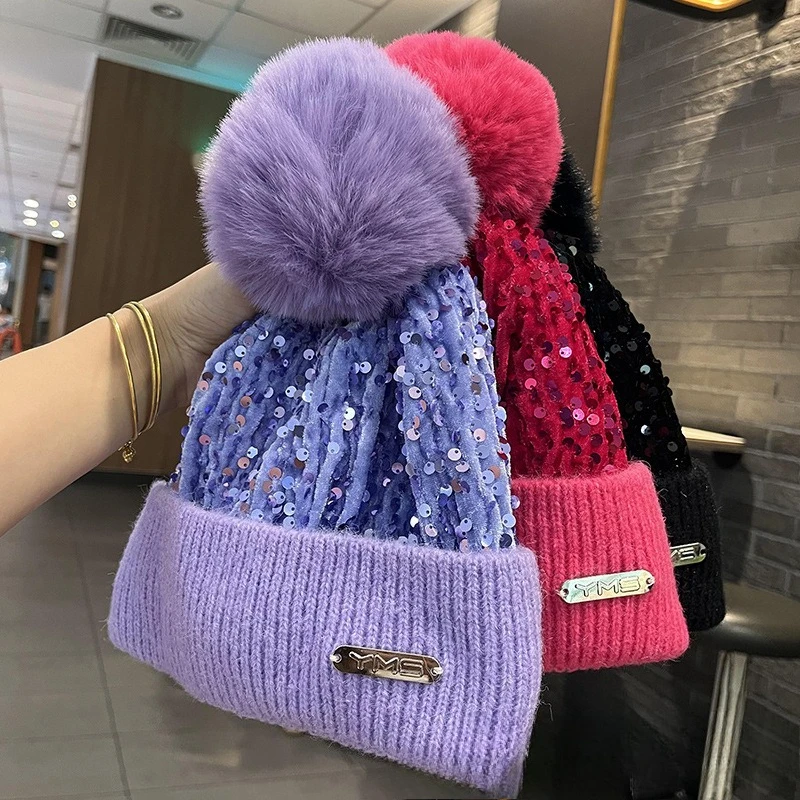 

Autumn and Winter Sequins with Wool Balls and Yarn Hats Fashion Winter Outdoor Warmth Knitted Hats Skiing Cold Hats