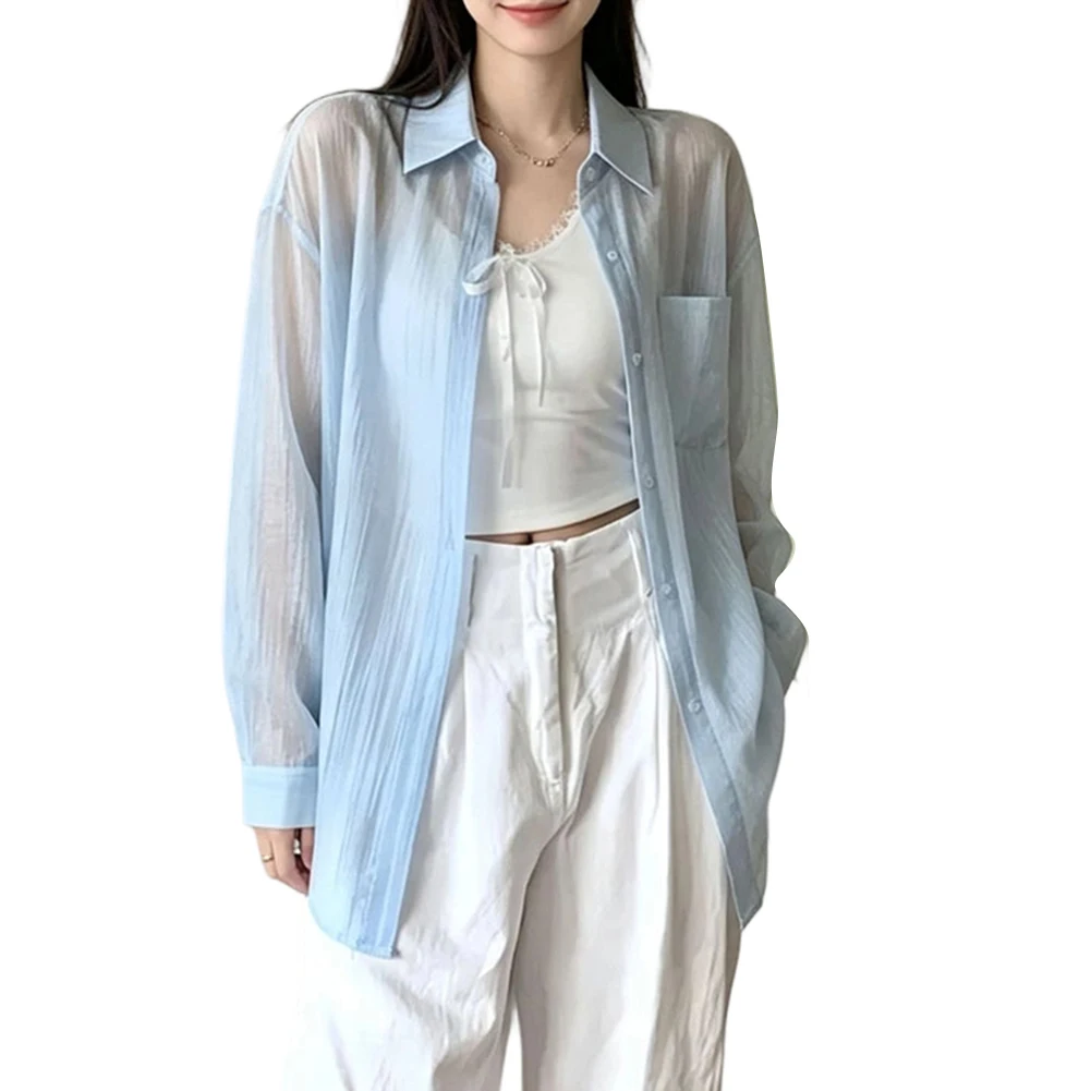 women-korean-style-loose-textured-long-sleeve-blouse-sun-protective-cardigan-regular-length-lapel-neck-daily-wear