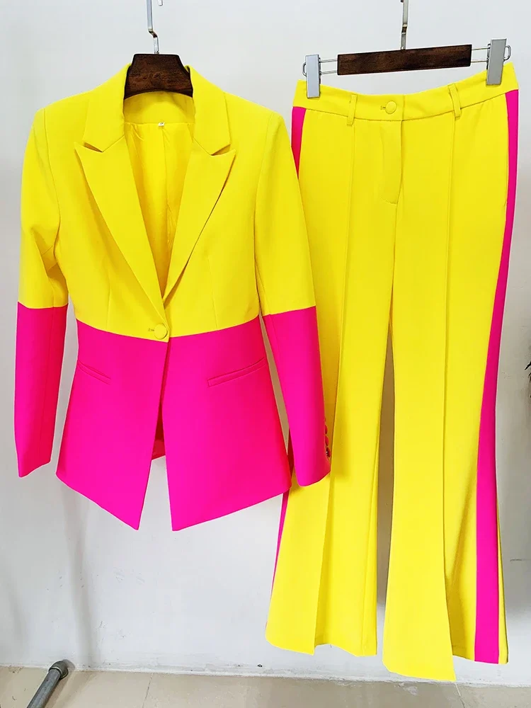 HIGH QUALITY Newest 2023 Star Style Designer Runway Women's Suit Single Button Color Block Blazer Flare Pants Set