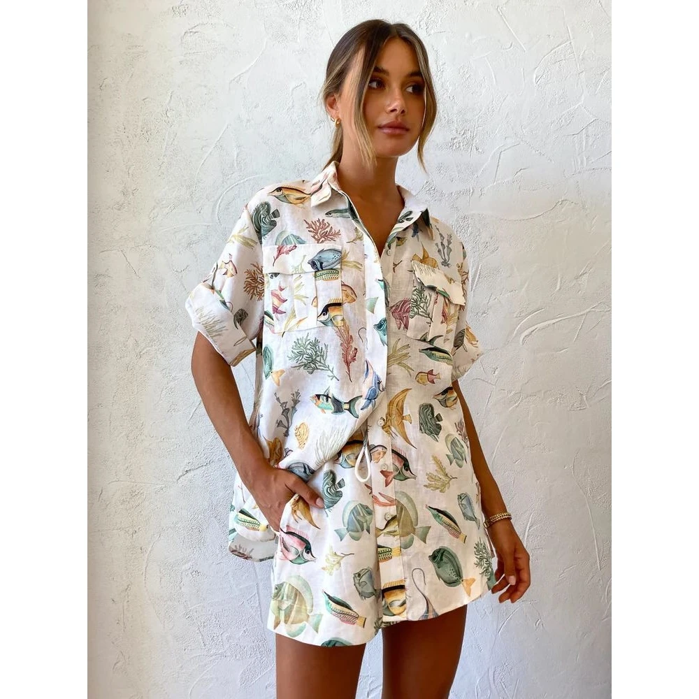

Fashionable Personalized Fish Print Short Sleeve Holiday Style Casual Knot Set Women's Commute Style Polyester Blend Shirt