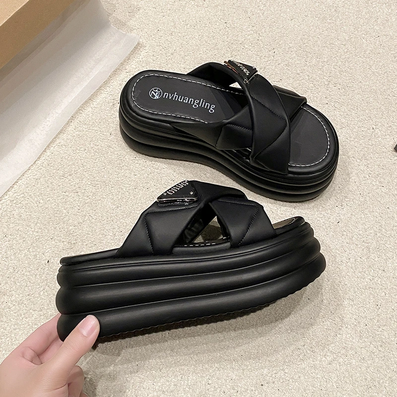 7.5CM Heels Chunky Slippers For Women Open Toe High Platform Leather Sandals Woman 2024 New Summer Thick Bottom Beach Flip Flops