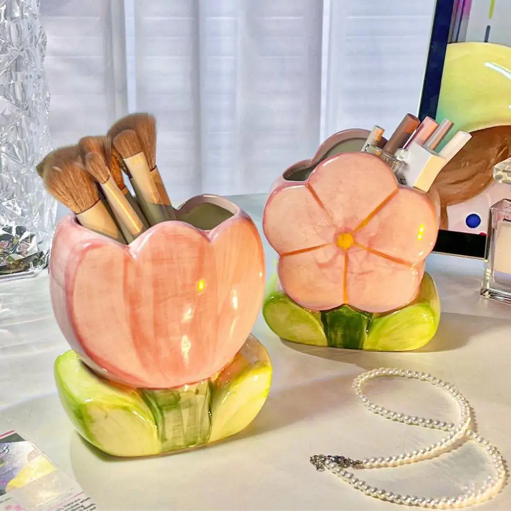 Ceramic Flower Pen Holder Cute Desk Office Storage Box Stationery Shelf Aesthetic Desktop Organizer For Makeup Tools Brushes