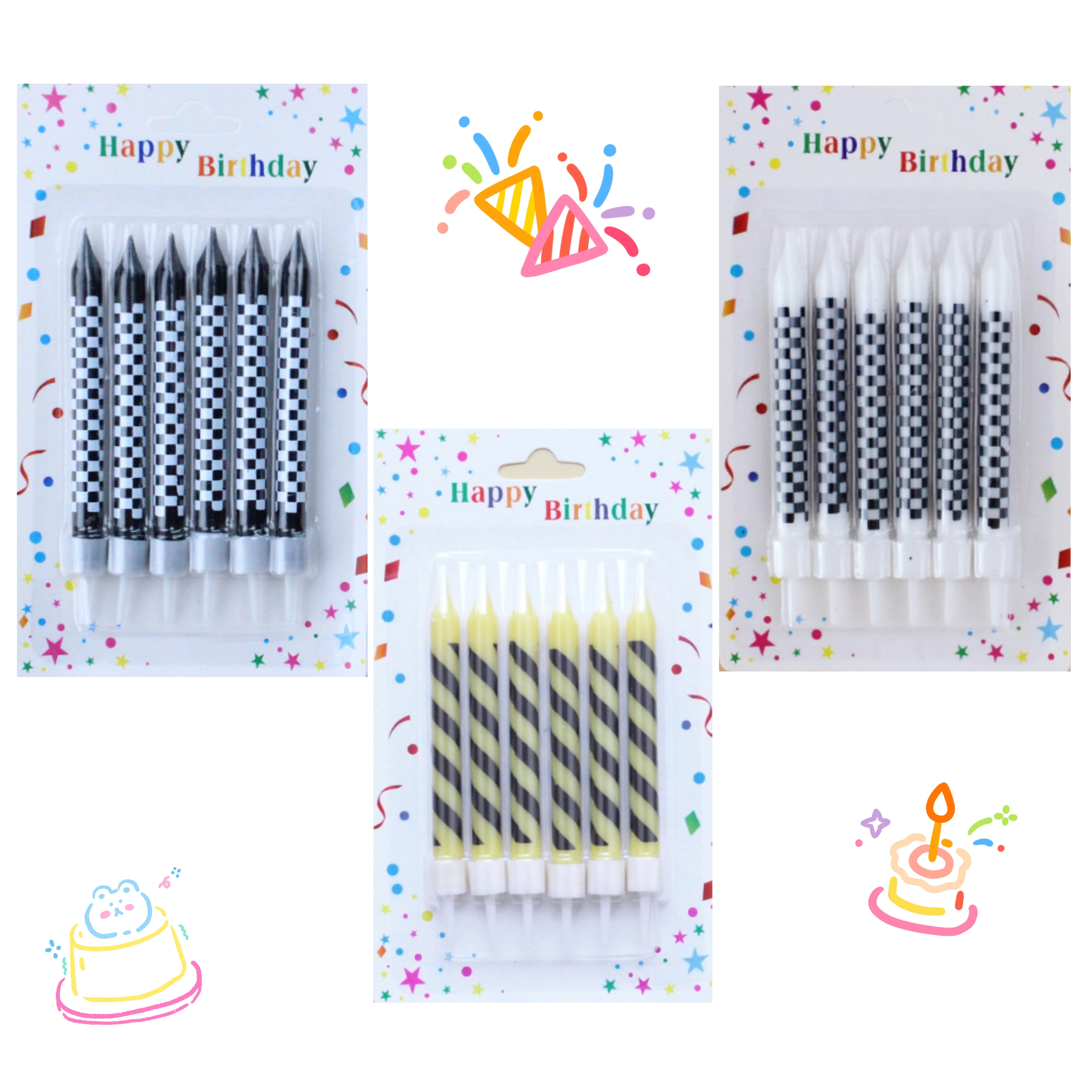 6pcs 생일 축하 촛불 화이트 블랙 체크 무늬 인쇄 케이크 촛불 생일 케이크 장식 생일 발렌타인 데이 선물