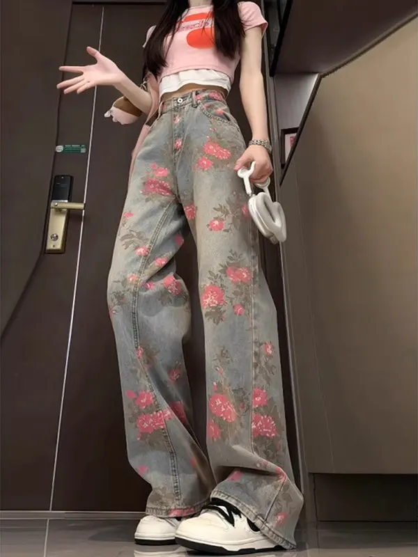 

High Waist Peony Embroidery Straight Leg Jeans Men's Spring Autumn Slimming American Sle High Street Wide Leg Pants