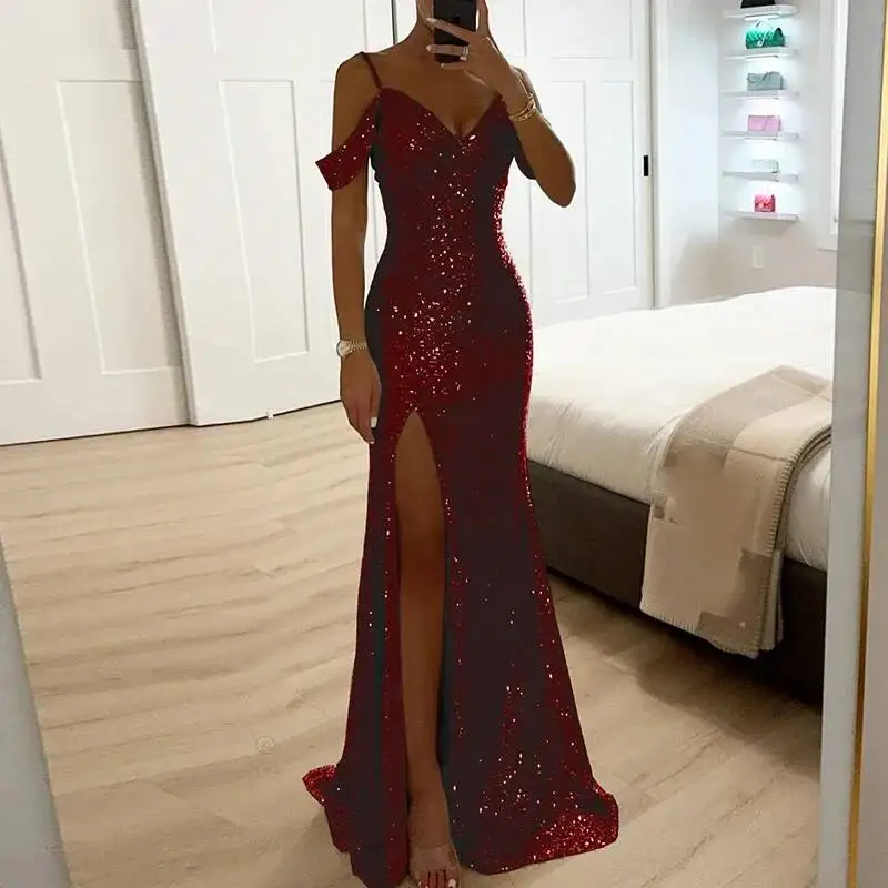 

Ladies Fashion V Neck Shiny Sequin Party Dress Elegant Wrap Chest Slim Long Dress 2026 Casual Solid Color Split Evening Dresses