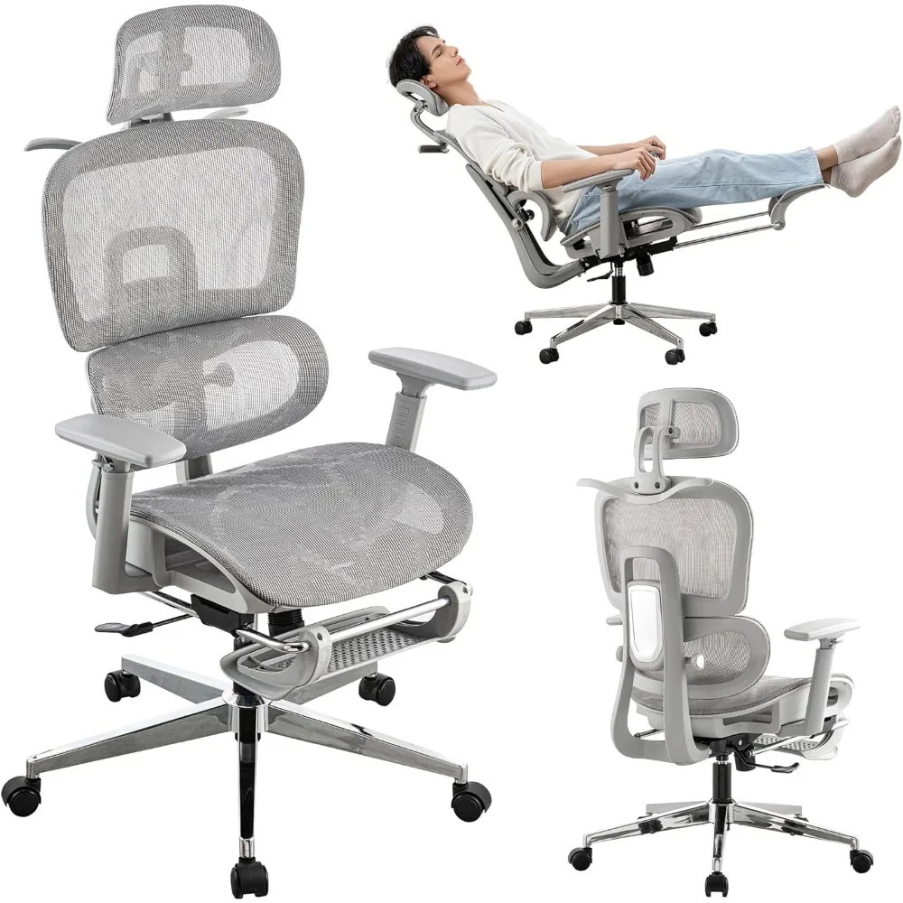 كرسي مكتب شبكي مريح مع مسند للقدمين، كرسي ألعاب شبكي عالي الظهر مع دعم قطني، مسند رأس قابل للتعديل ومساند للذراعين لـ h