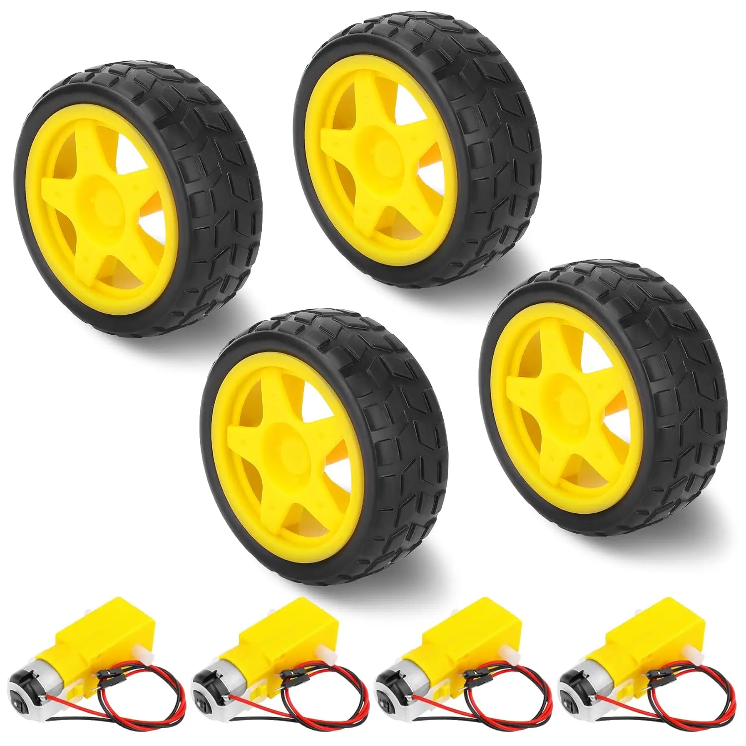 4PCS TT Motor with Leads, DC Motor DC 3-6V Gearbox Motor Dual Shaft 1:48 Motor with Tire Wheel Kit for Arduino DIY Smart RC Car
