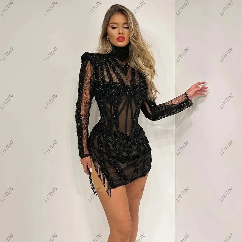 LIYYLHQ Fashion Black High Neck Short Evening Dress Full Sleeves Beads illusion Lady's Dress Mermaid Formal Party Cocktail Gowns