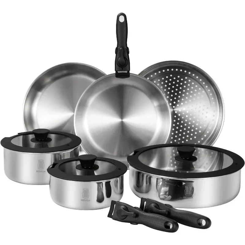 Pots and Pans Set, 20 Piece Stainless Steel Kitchen Removable Handle Cookware Set, Frying Saucepans with Lid, Stay-Cool