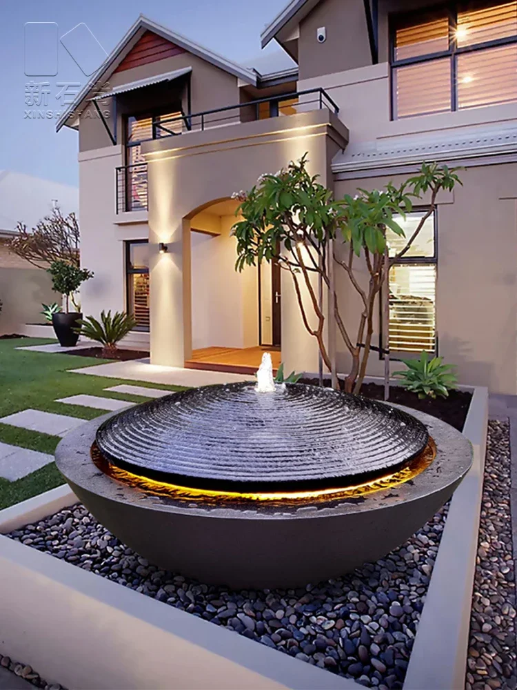 Fountain water feature sketch, flowing garden courtyard, simple and modern creative water bowl villa, floor to ceiling decorat