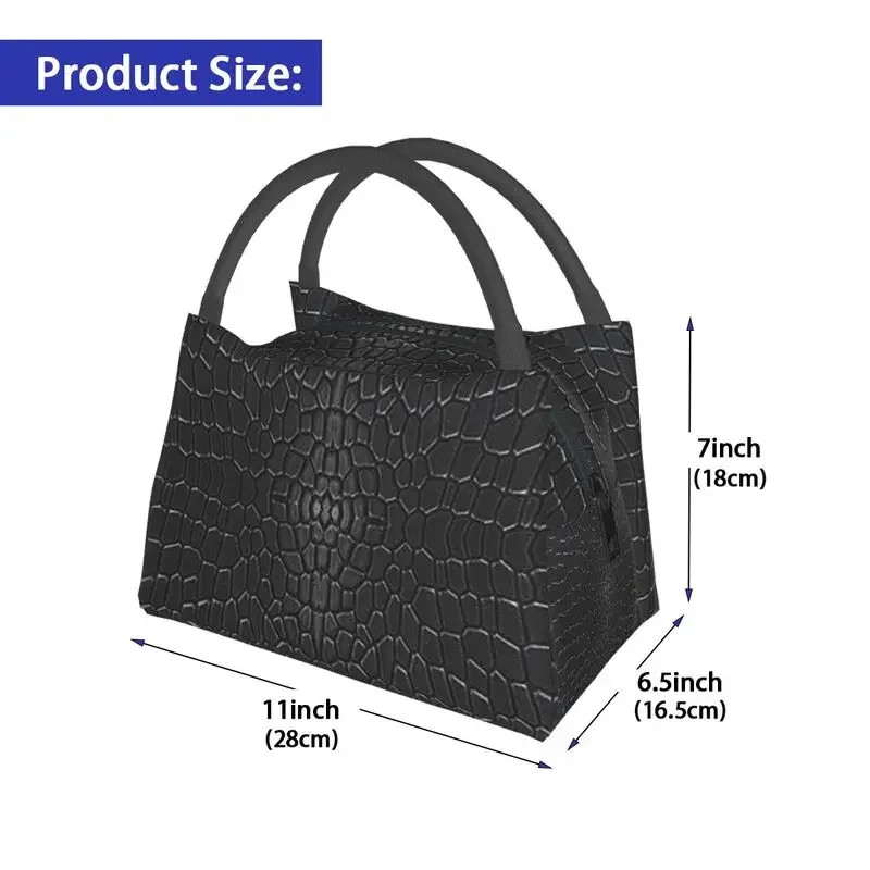 Black Crocodile Skin Leather Thermal Insulated Lunch Bag Alligator Texture Lunch Tote for Office Outdoor Storage Meal Food Box