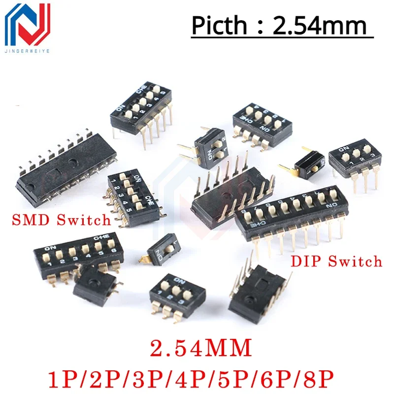 5Pcs/lot DIP switch Toggle Switches 2.54mm SMD 1P/2P/3P/4P/5P/6P/8P black 2.54MM SMD Switch Gold Plated Pin