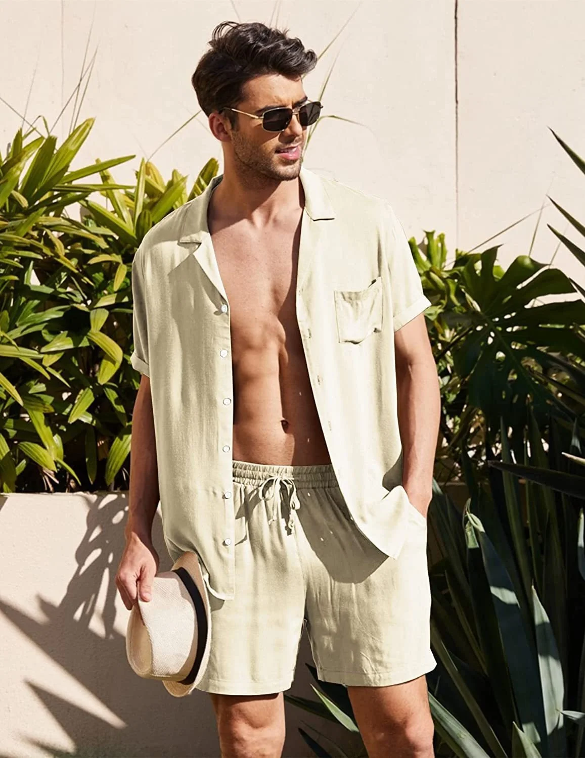 Summer Men's Linen Short Sleeved Shirt And Shorts Sets Linen Loose Casual Cotton Cardigan Short Pants Two Piece Set Men Suit