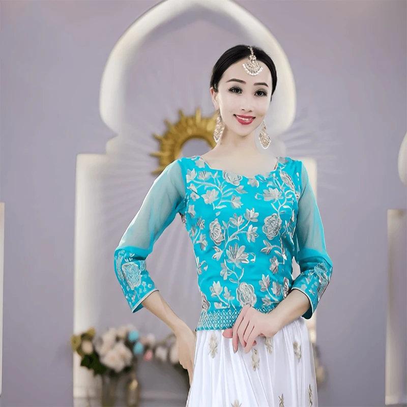 New Indian Tops Long Sleeve Embroidery Stage Performance Shirt Xinjiang Dance Practice Clothing Bollywood Dance Clothes DQL10096