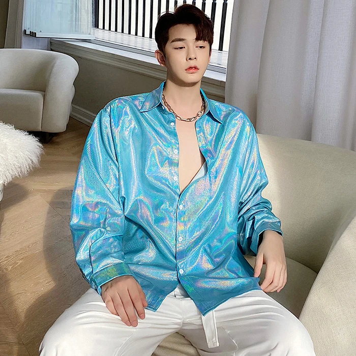 

Свободная синяя светоотражающая уличная футболка для мужчин, корейская версия, повседневная, для ночных клубов, молодежная, удлиненная, однотонная...