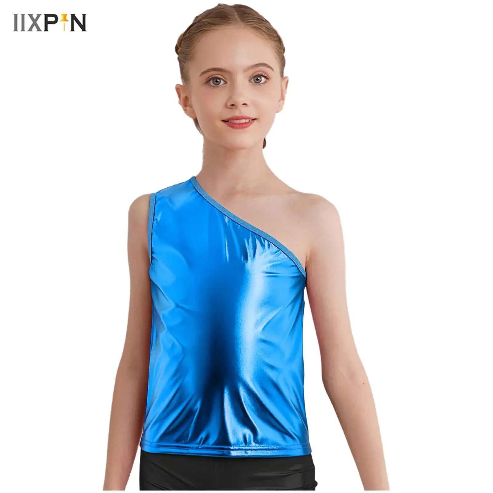 

Kids Girls Glossy Metallic Vest Cheerleading Dance Top One Shoulder Sleeveless Tank Top for Jazz Dance Stage Performance Costume