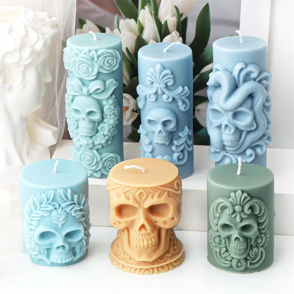 3D Skull Head Cylindrical Candle Silicone Mold Skull Head Snake Head Vine Flower Cylindrical Candle Silicone Mold Halloween Gift