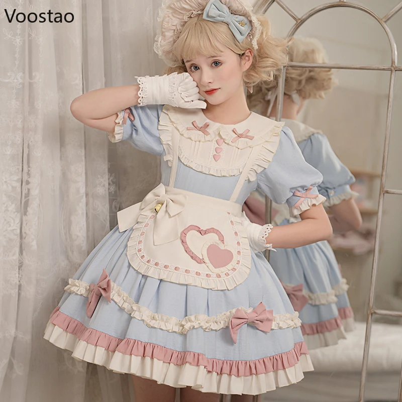 Kawaii lolita op kleid frauen süße peter pfanne kragen bogen rüschen schürze prinzessin kleid mädchen harajuku süße spitze tee party kleider