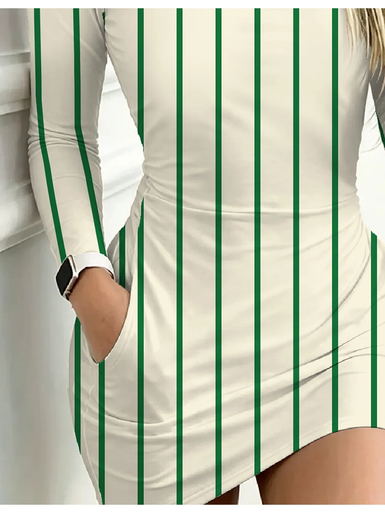 Damen Freizeitkleid mit Streifenmuster und Farbblöcken, Rundhalsausschnitt, Langarm, Taschendetail, Elegante Minirocklänge – Detail 22