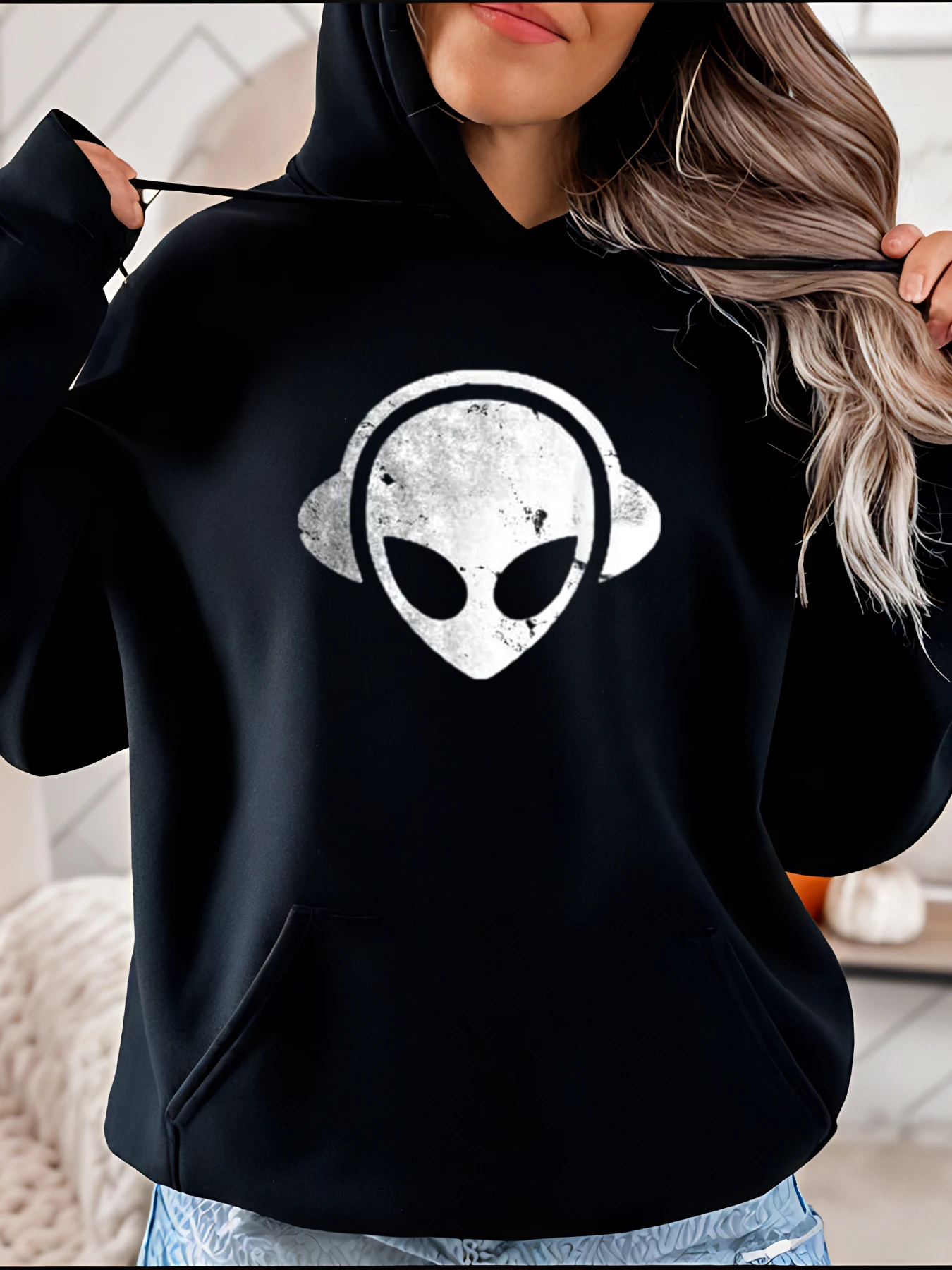 

Толстовка с принтом головы инопланетянина, повседневная уличная толстовка с графическим рисунком, женская городская модная повседневная одежда