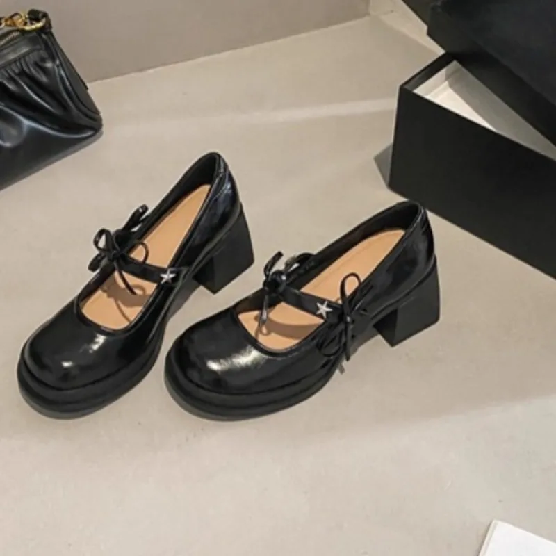 Mary Jane Single Shoes Autumn New Round Toe Shallow Bow One Strap Platform Non-Slip Heels view 3