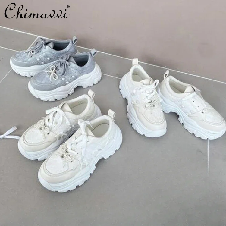 Japanese Sweet Pearl Bow Platform Sports Dad Shoes Autumn New Comfortable Girl Women Breathable Muffin Bottom Lolita Sneakers image 3