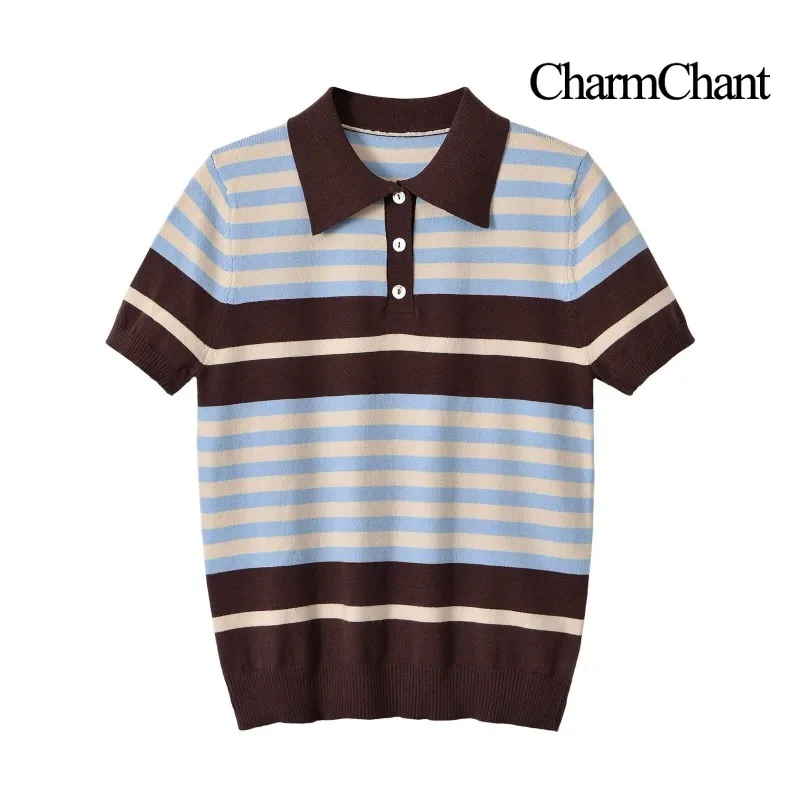 CHARMCHANT Women's Color Block Striped Polo Knit Top Short Sleeve Slim Fit Knitted T Shirt Casual Daily Summer 2026