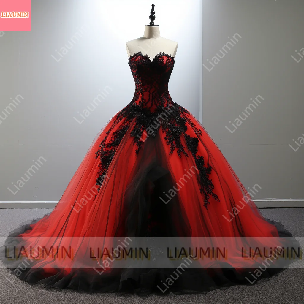 Rouge Tulle Noir Dentelle Bord Applique Col V Robe De Bal Book ine Longueur À Lacets Robe De Soirée VincFormelle Elagant Personnalisé W3-9