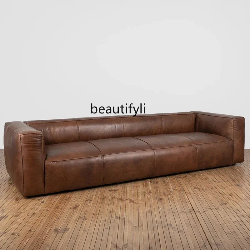 A American retro tofu block leather sofa designer living room oil wax leather straight row sofa