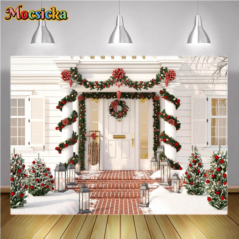 Merry Christmas Backdrop White House Porch Decorated Little Xmas Tree Christmas Background for Photography New Year Decor Banner