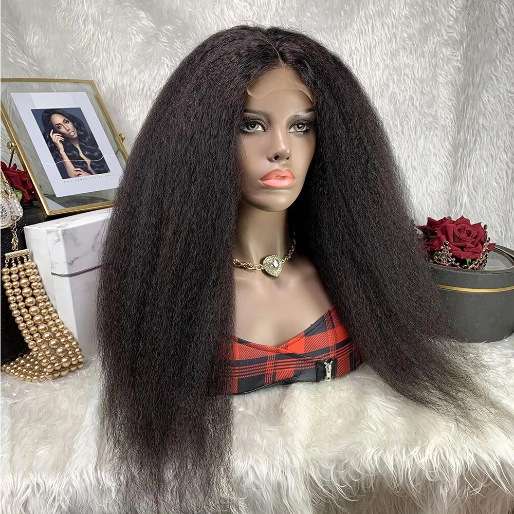 

Long Kinky Straight Preplucked Soft Yaki 26 Inch 180% Density Natural Black Lace Front Wig Fiber