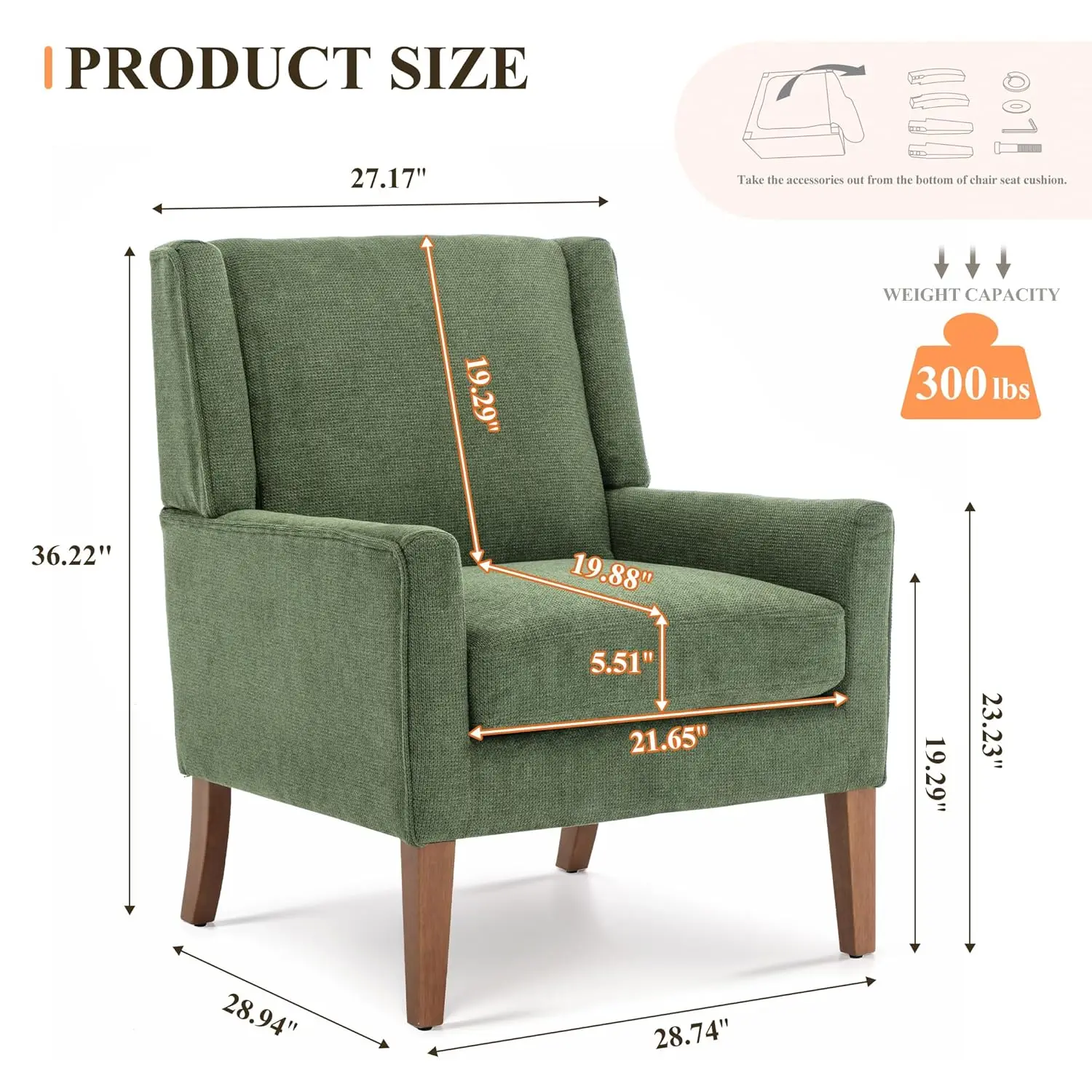 Wingback Accent Chair, Mid-Century Single Sofa with Wood Legs & Velvet Fabric, Oversized Armchair for Living Room Bedroom Lounge